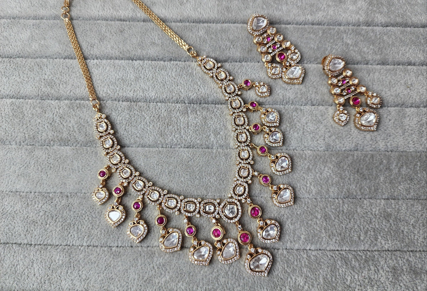 Moissanite Necklace with Gold Plating finishing in Ruby/ High Craftsmanship/Luxury pair of indian jewelry/ Bollywood style Necklace