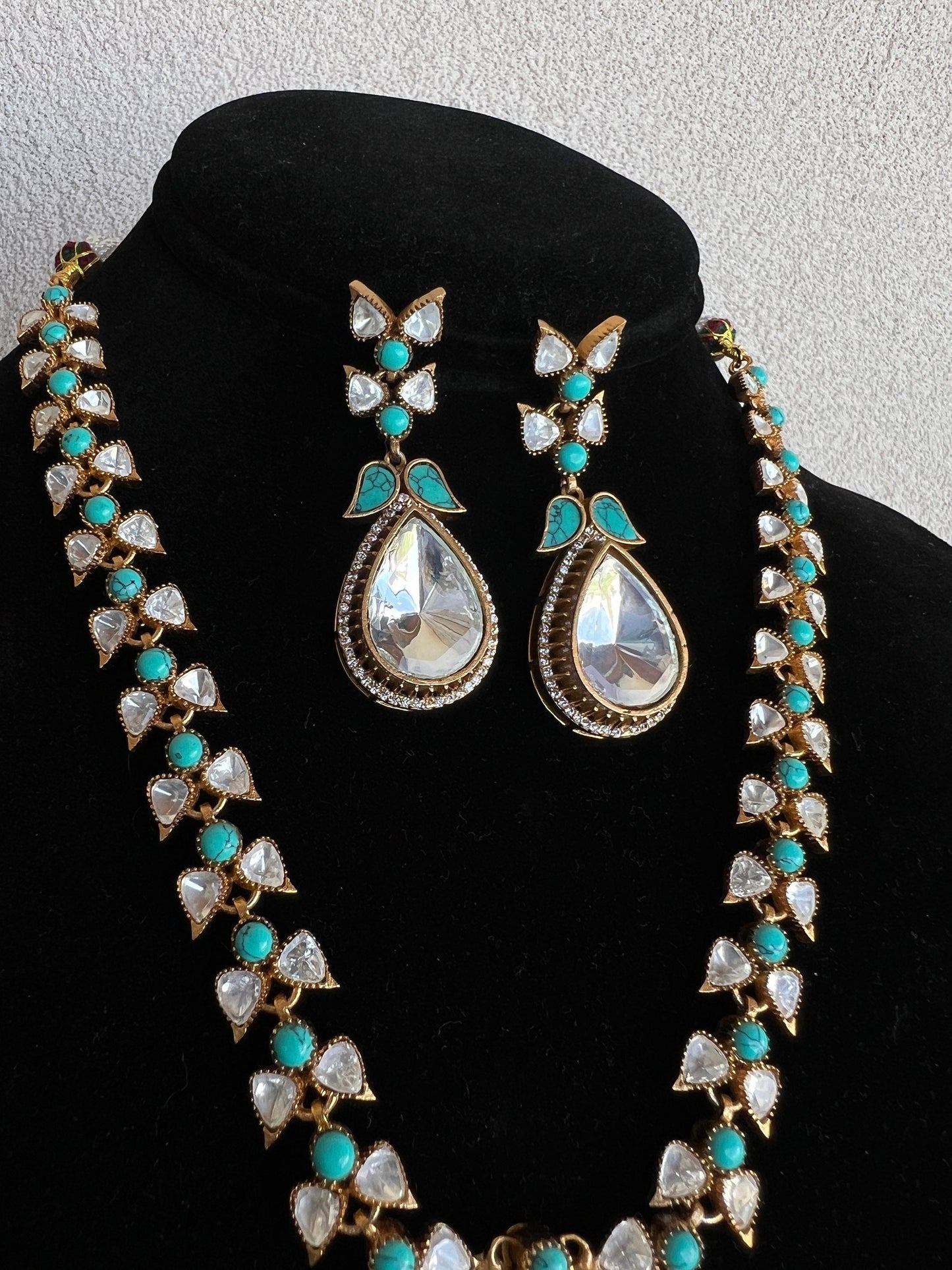 Long Gold with Blue Turquoise Stones Necklace with Earrings/ Unique design with Morni and Matte gold plating with uncut polki kundan