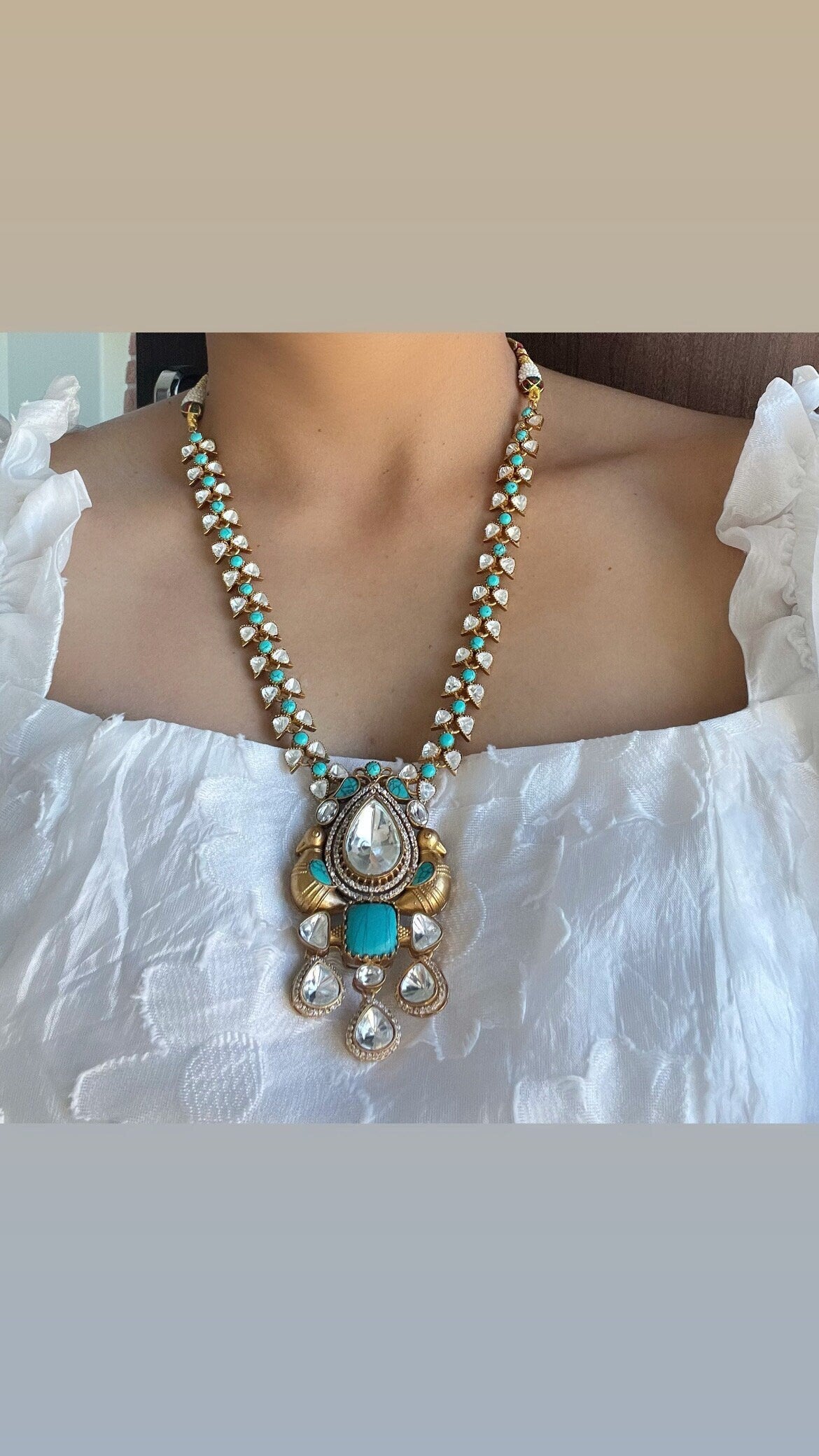 Long Gold with Blue Turquoise Stones Necklace with Earrings/ Unique design with Morni and Matte gold plating with uncut polki kundan