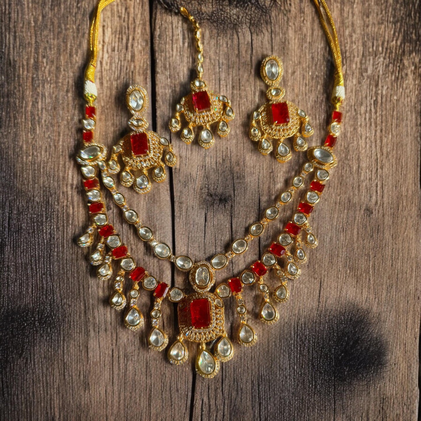 Ruby Red Diamond Choker Necklace, Silver Plated Ruby Set with Earrings, Bollywood Style jewels/ Modern Red Moissanite Layered Set