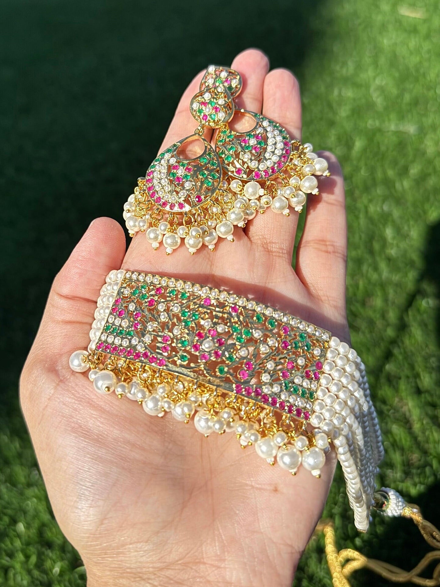 Navratan Jadau Gold plated Choker Set/ Lightweight jadau set/ Next to Real gold jewelry/ Elegant and Minimal Design/ Multicolored Jadau Set