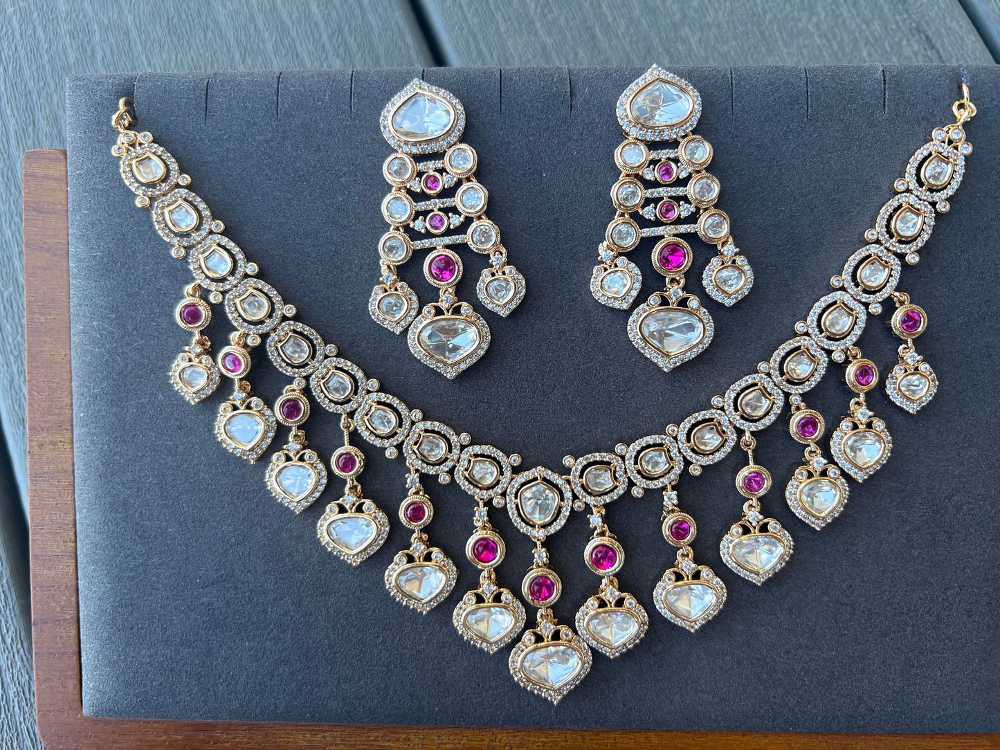 Moissanite Necklace with Gold Plating finishing in Ruby/ High Craftsmanship/Luxury pair of indian jewelry/ Bollywood style Necklace