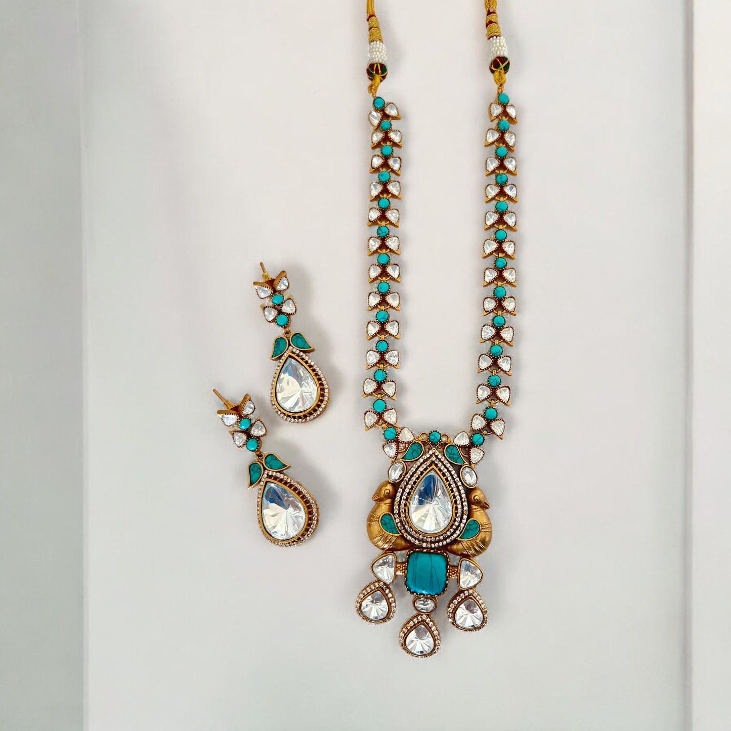 Long Gold with Blue Turquoise Stones Necklace with Earrings/ Unique design with Morni and Matte gold plating with uncut polki kundan