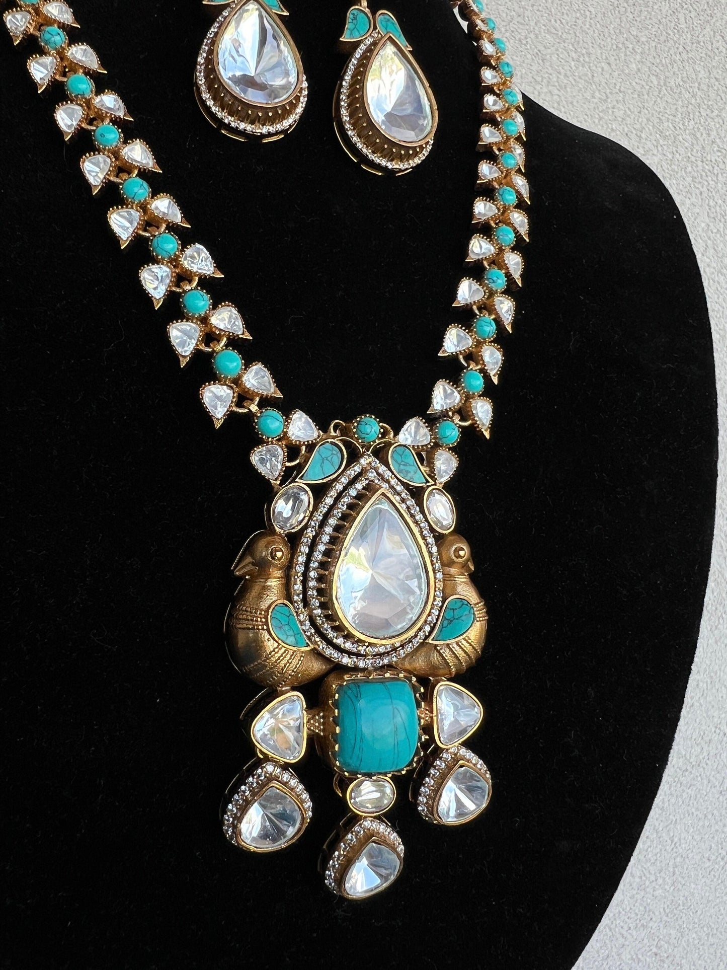 Long Gold with Blue Turquoise Stones Necklace with Earrings/ Unique design with Morni and Matte gold plating with uncut polki kundan
