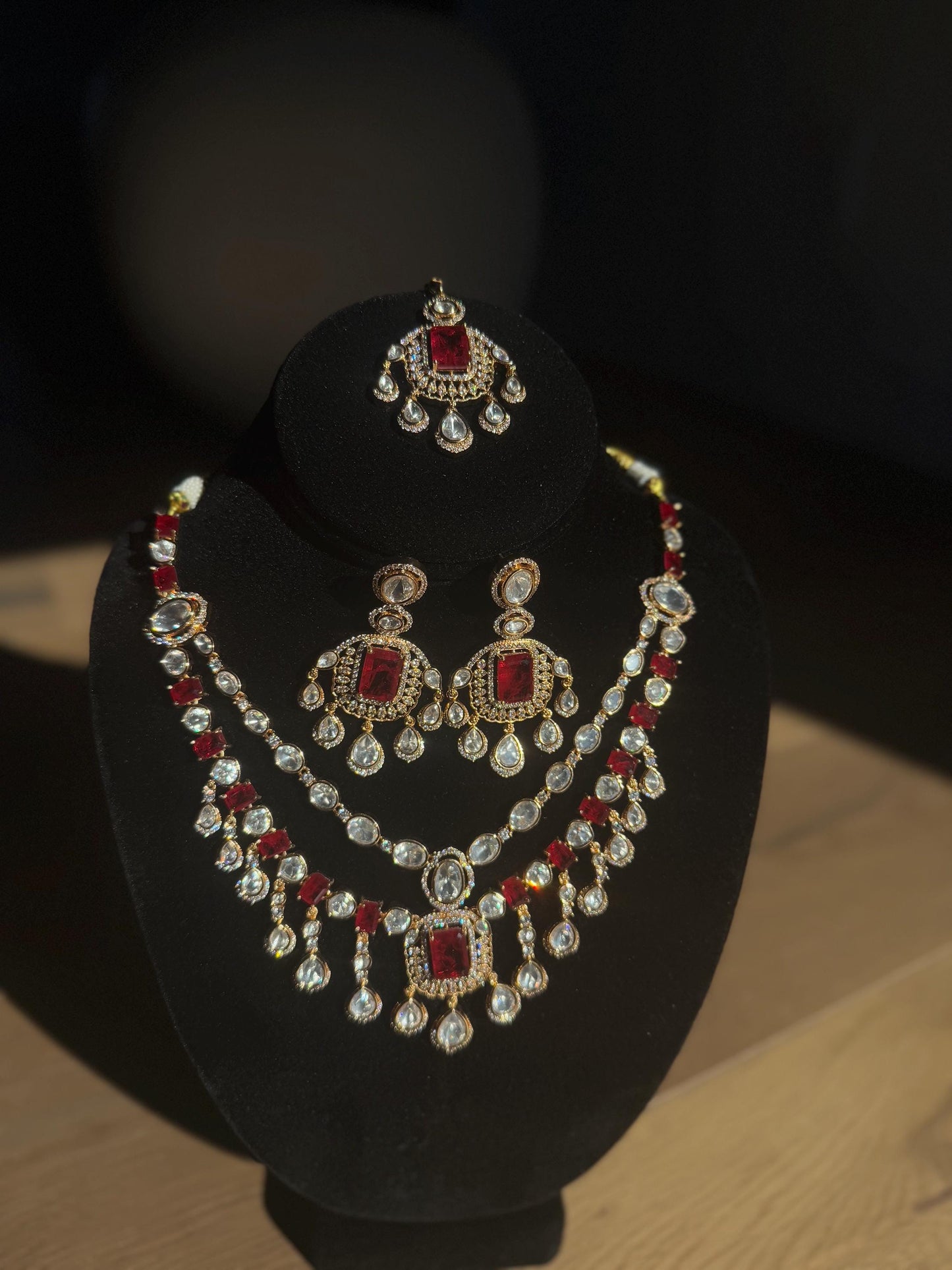 Ruby Red Diamond Choker Necklace, Silver Plated Ruby Set with Earrings, Bollywood Style jewels/ Modern Red Moissanite Layered Set