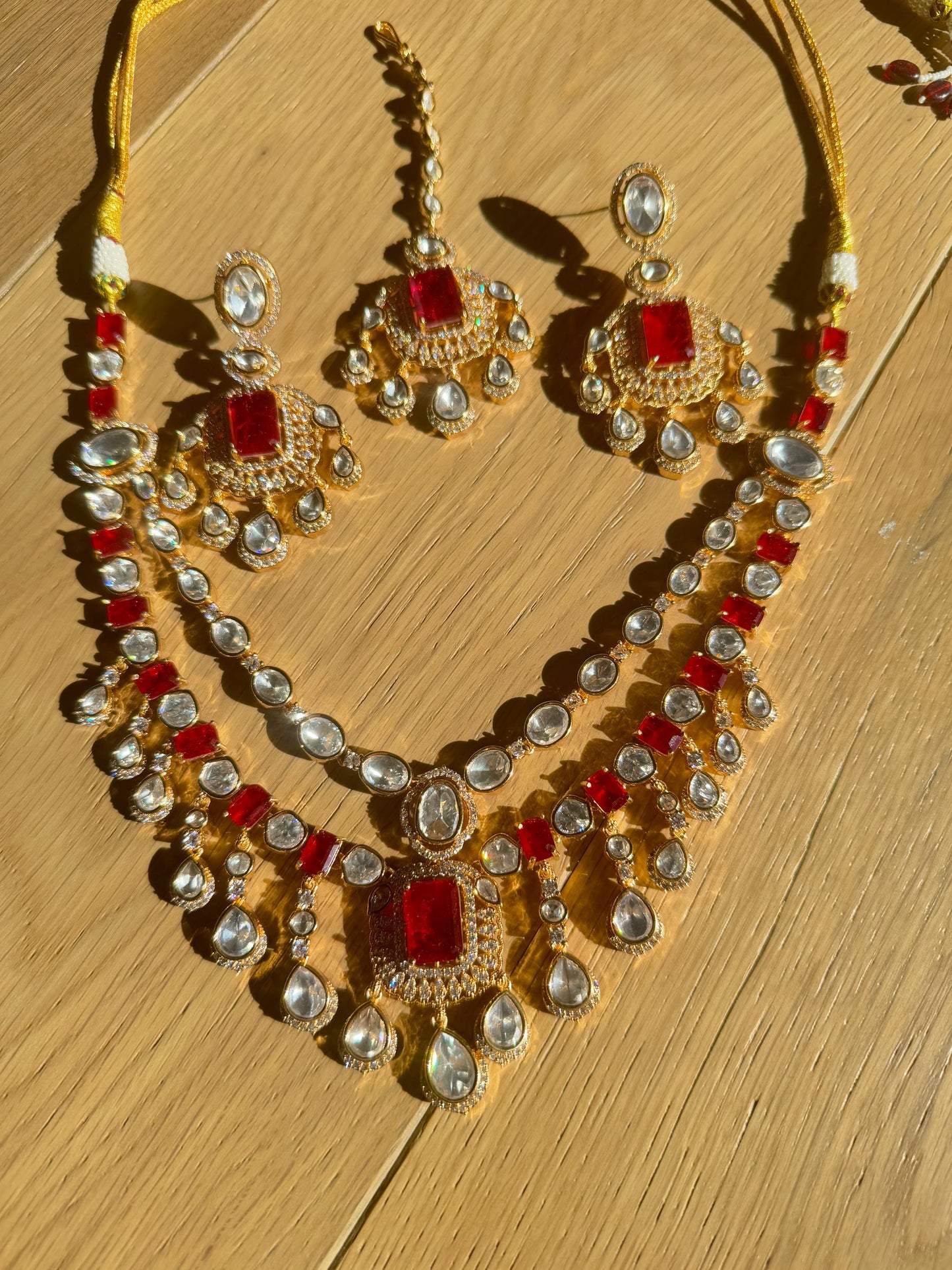Ruby Red Diamond Choker Necklace, Silver Plated Ruby Set with Earrings, Bollywood Style jewels/ Modern Red Moissanite Layered Set