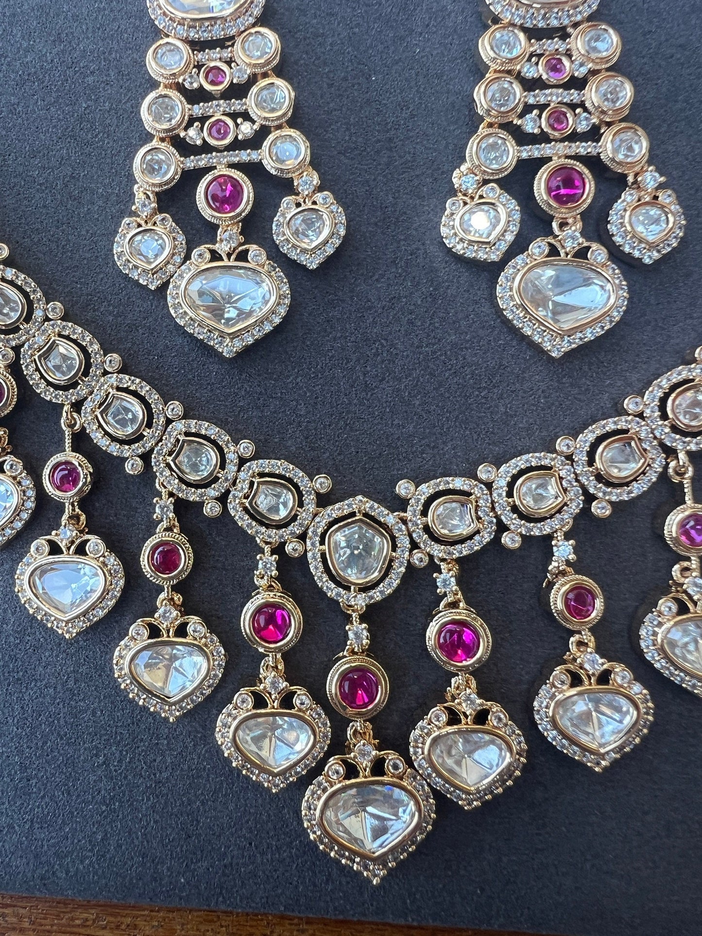 Moissanite Necklace with Gold Plating finishing in Ruby/ High Craftsmanship/Luxury pair of indian jewelry/ Bollywood style Necklace