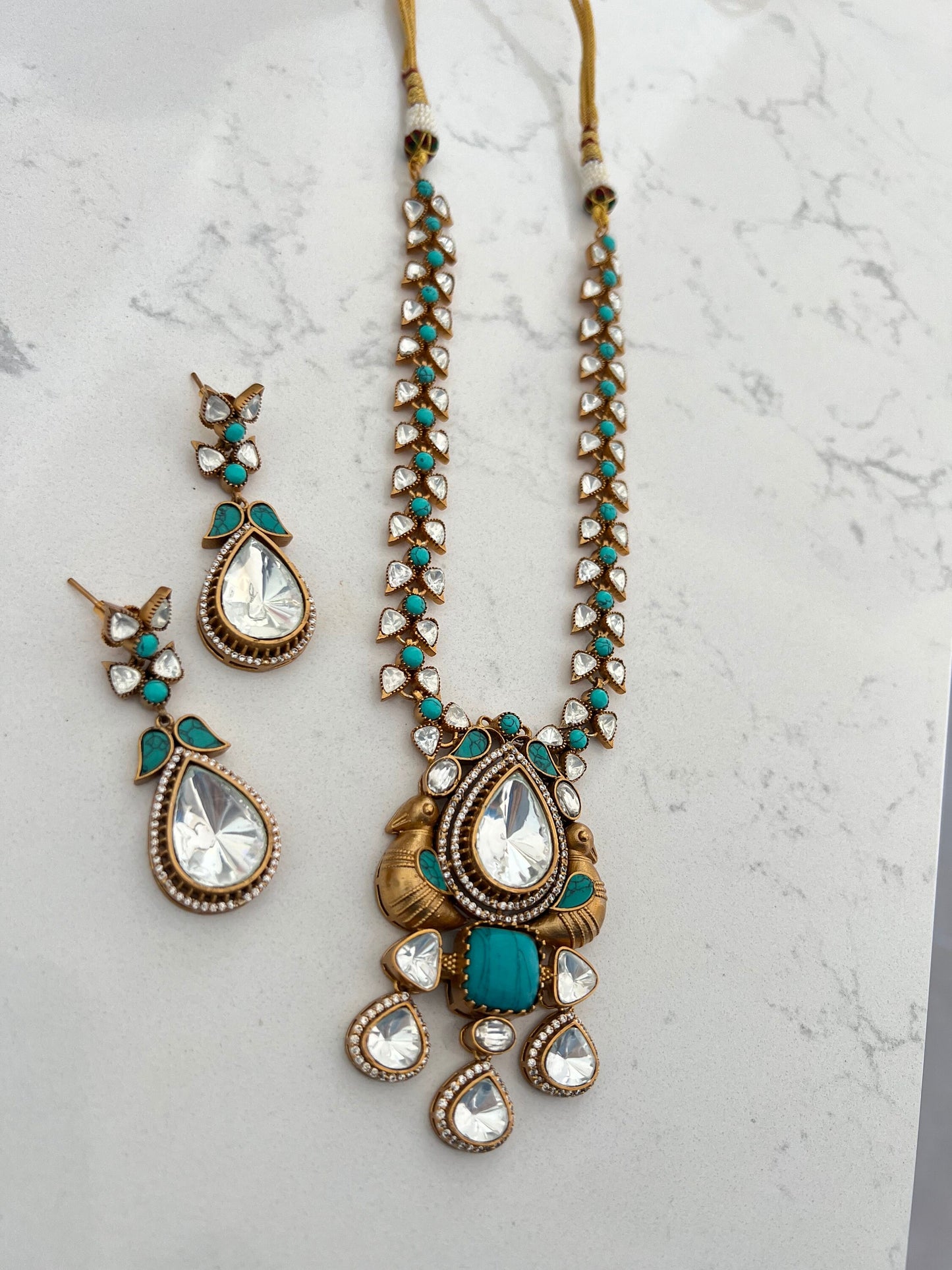 Long Gold with Blue Turquoise Stones Necklace with Earrings/ Unique design with Morni and Matte gold plating with uncut polki kundan