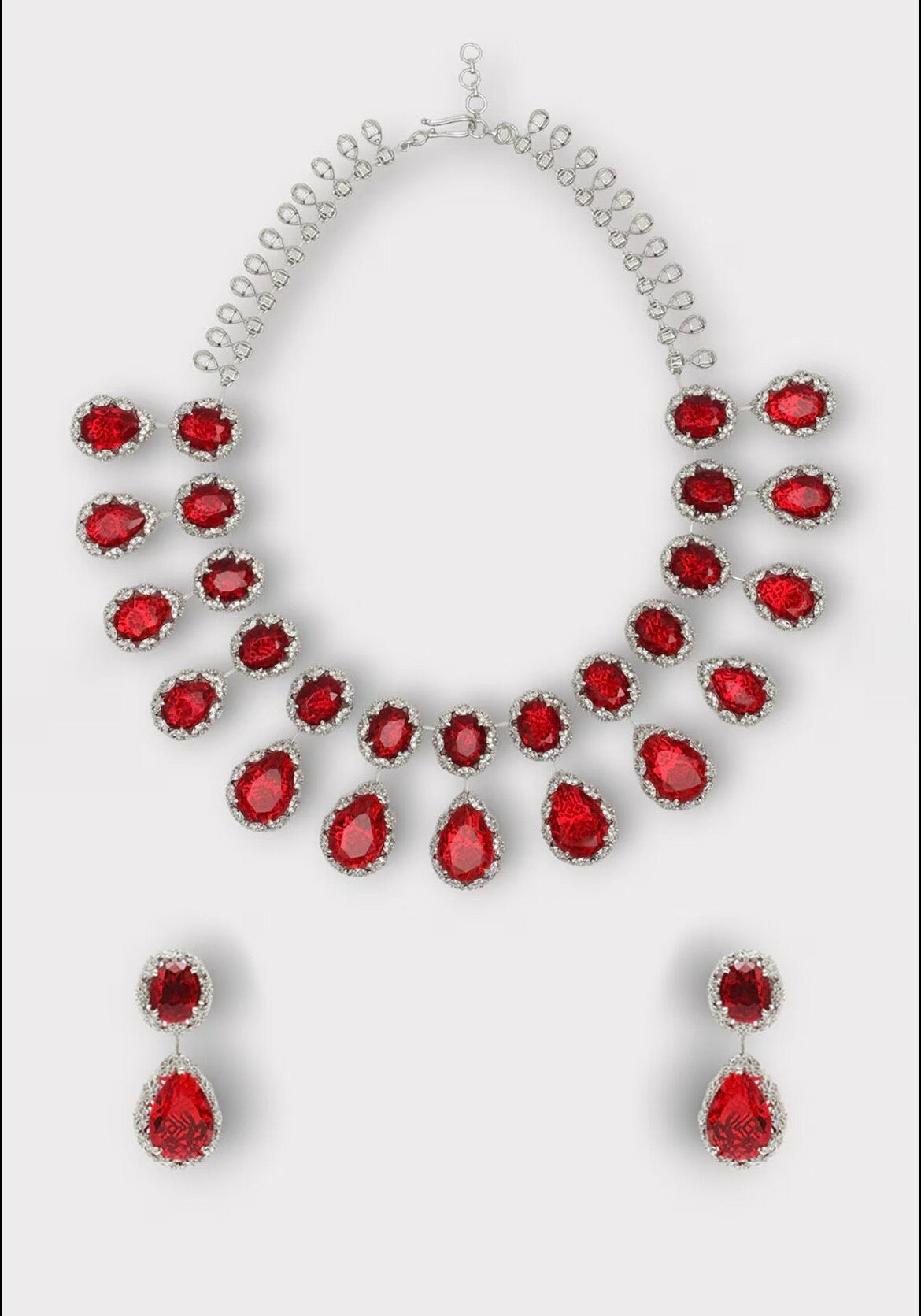 Ruby Red Diamond Choker Necklace, Silver Plated Ruby Set with Earrings, Bollywood Style jewels