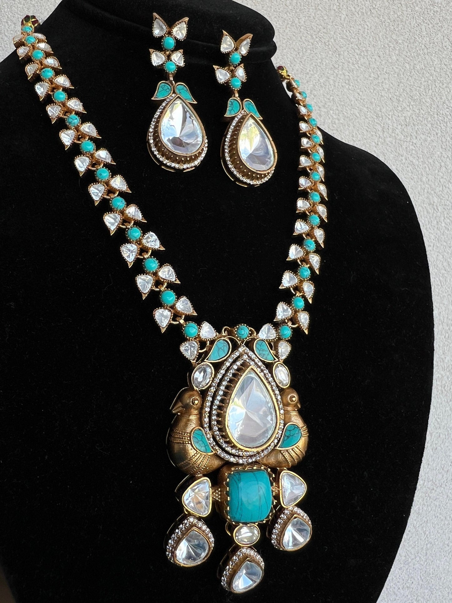 Long Gold with Blue Turquoise Stones Necklace with Earrings/ Unique design with Morni and Matte gold plating with uncut polki kundan
