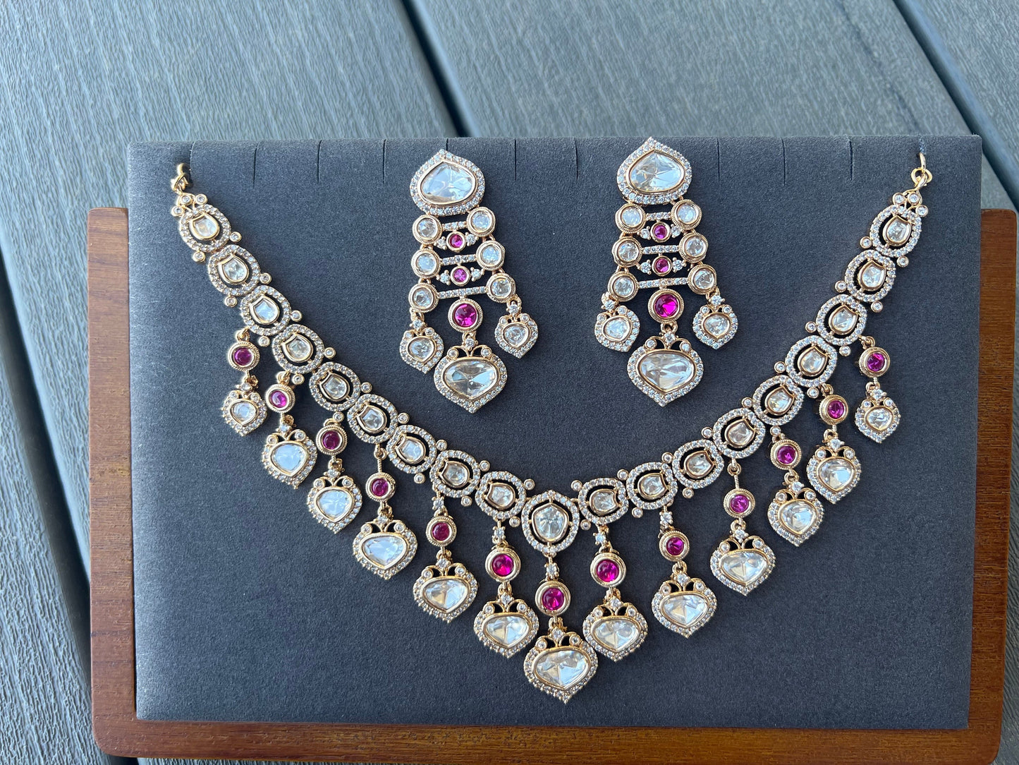 Moissanite Necklace with Gold Plating finishing in Ruby/ High Craftsmanship/Luxury pair of indian jewelry/ Bollywood style Necklace