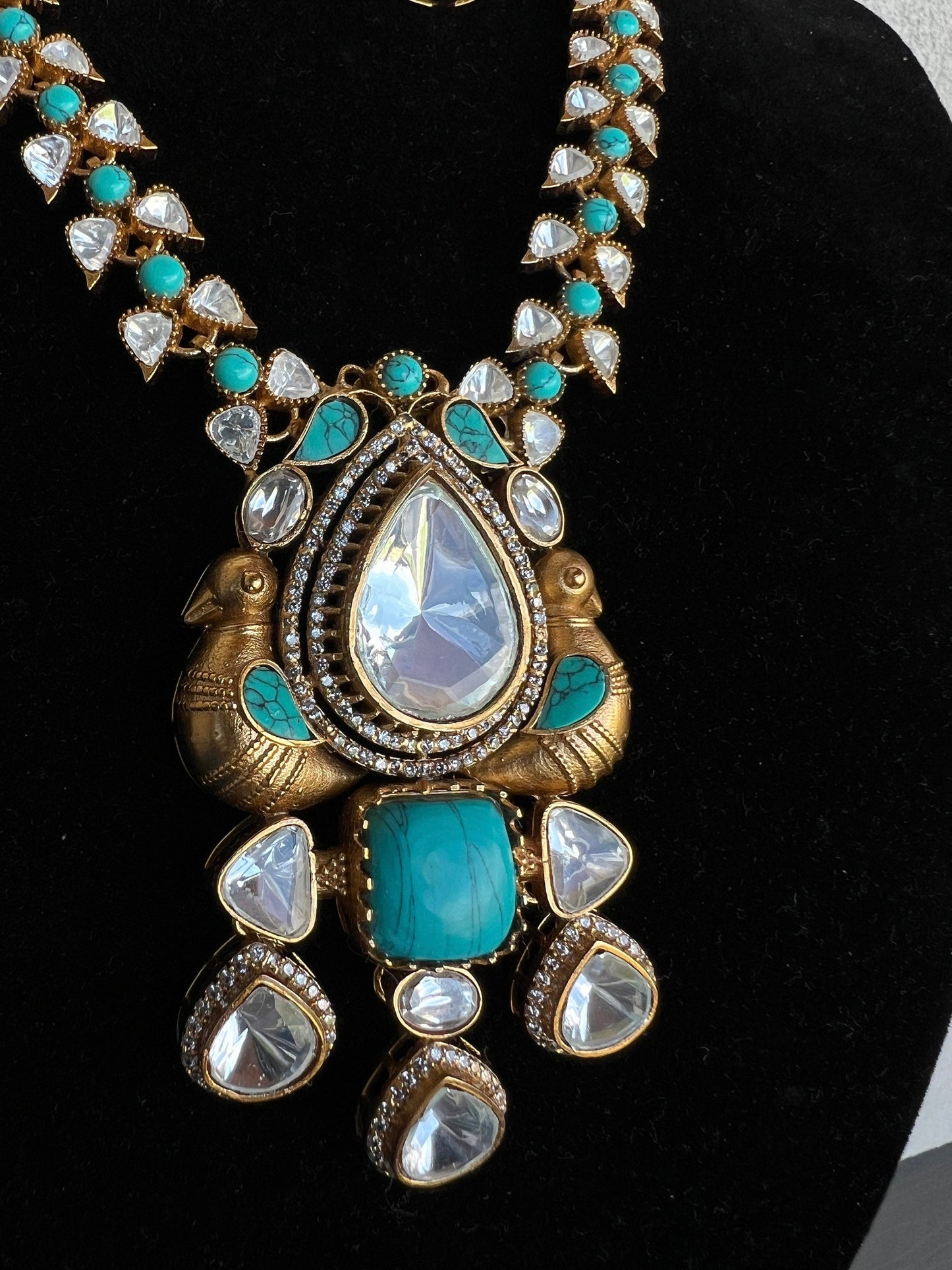 Long Gold with Blue Turquoise Stones Necklace with Earrings/ Unique design with Morni and Matte gold plating with uncut polki kundan