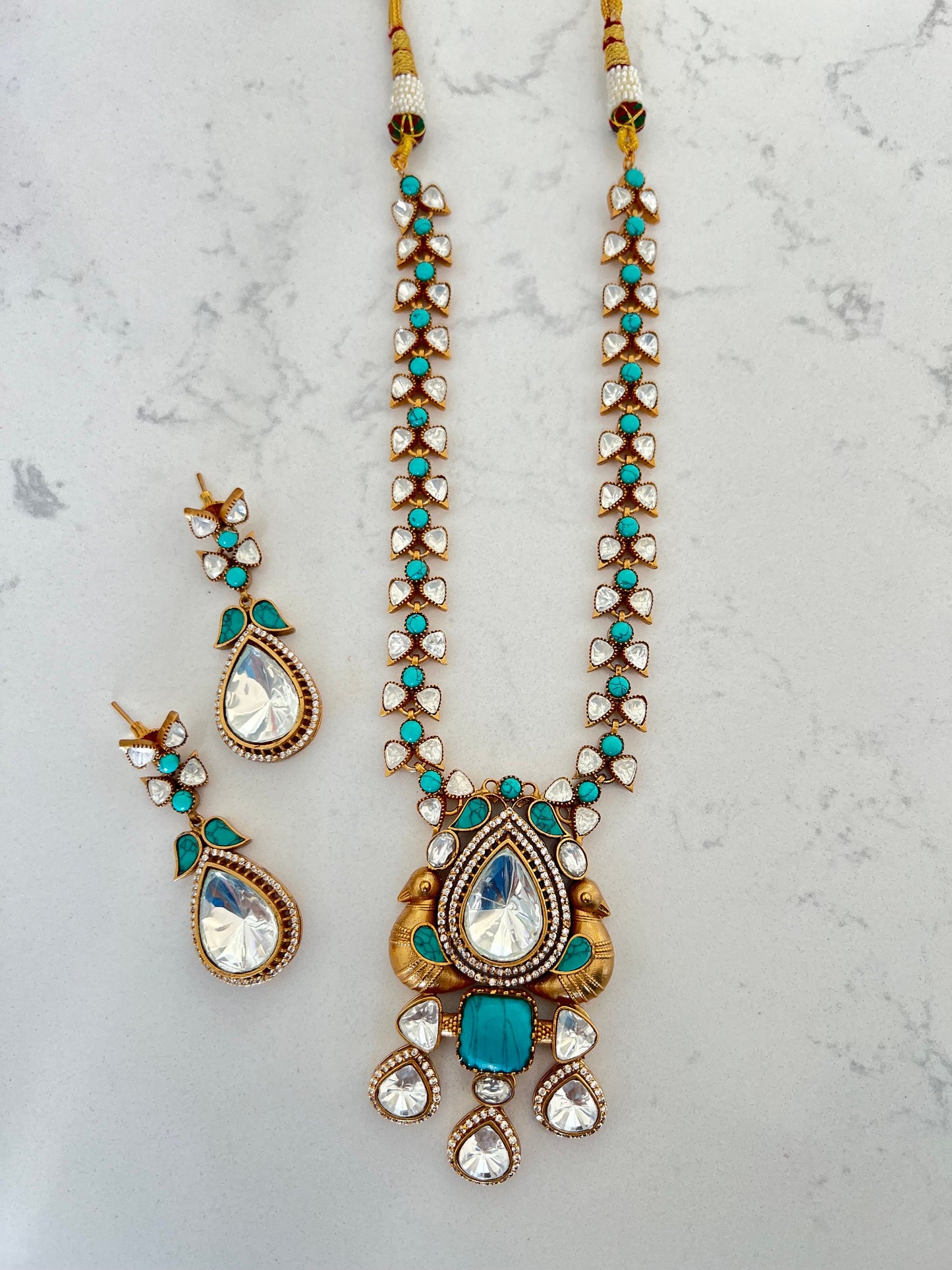 Long Gold with Blue Turquoise Stones Necklace with Earrings/ Unique design with Morni and Matte gold plating with uncut polki kundan
