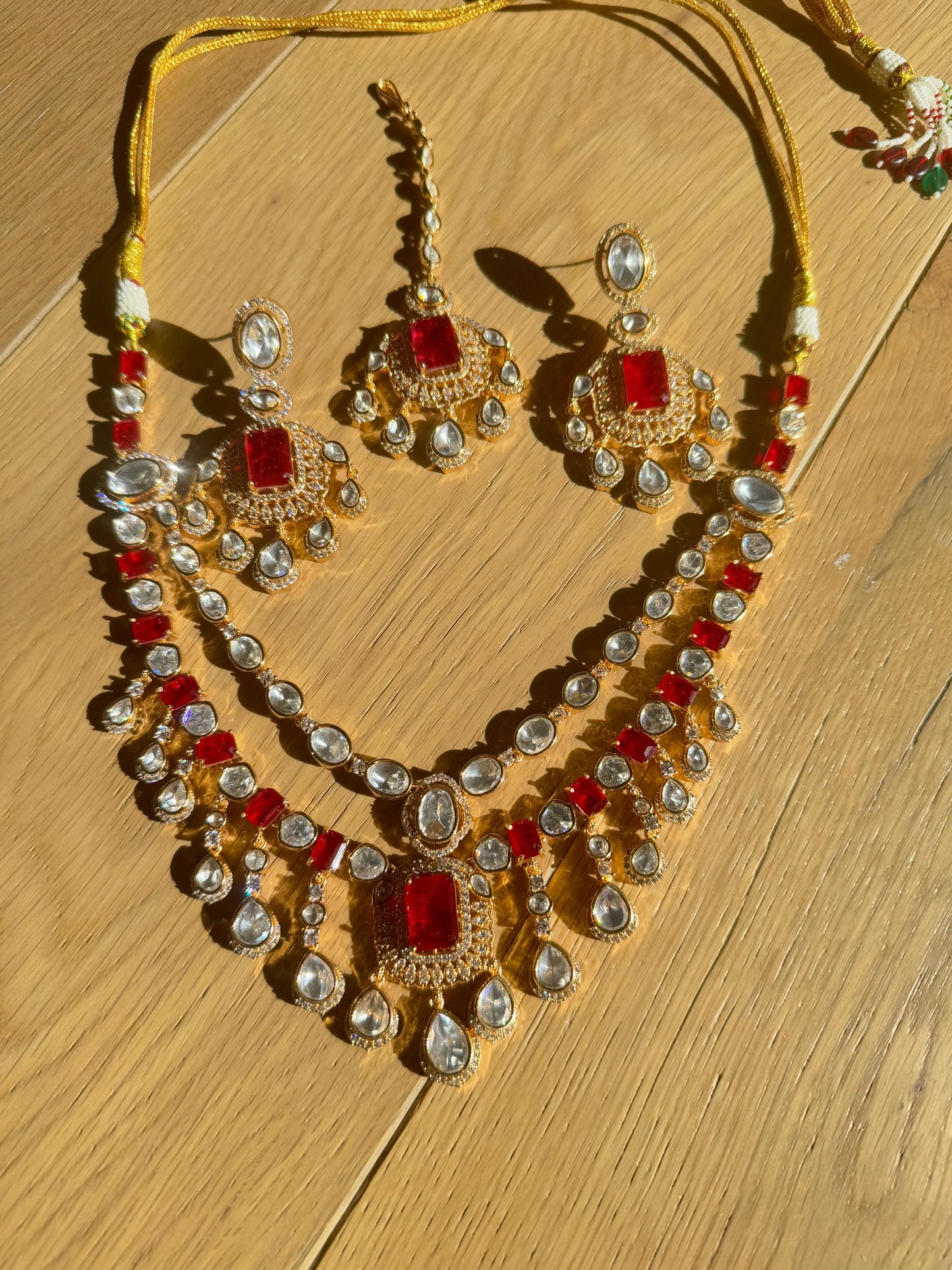 Ruby Red Diamond Choker Necklace, Silver Plated Ruby Set with Earrings, Bollywood Style jewels/ Modern Red Moissanite Layered Set