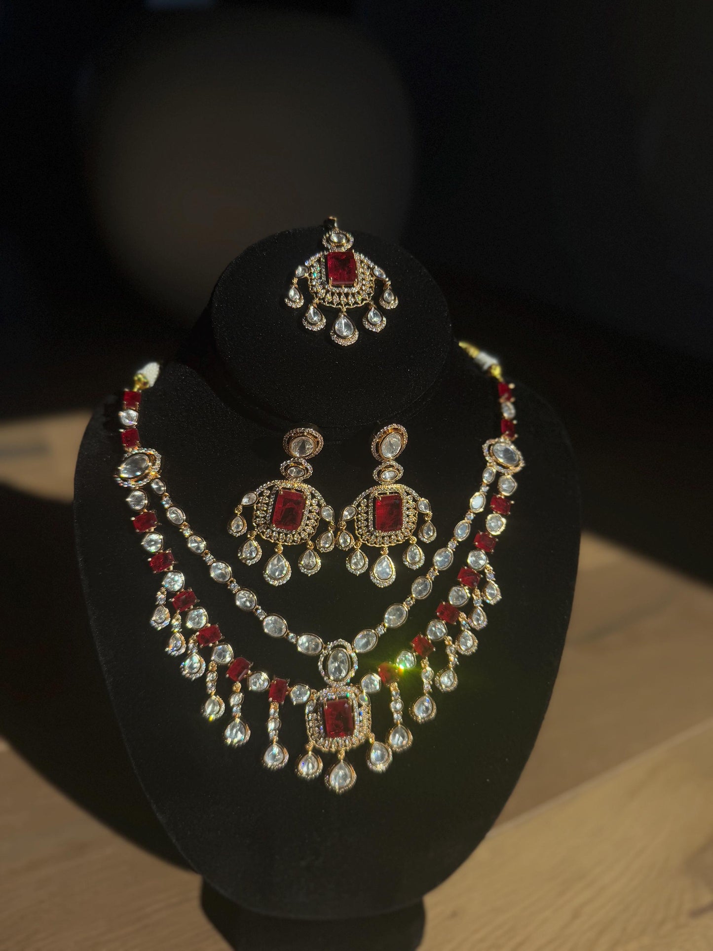 Ruby Red Diamond Choker Necklace, Silver Plated Ruby Set with Earrings, Bollywood Style jewels/ Modern Red Moissanite Layered Set